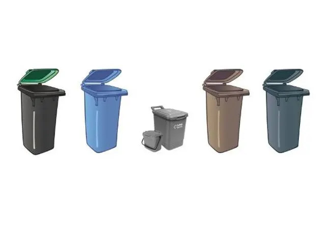 4 wheelie bins and two grey food caddies in the centre.