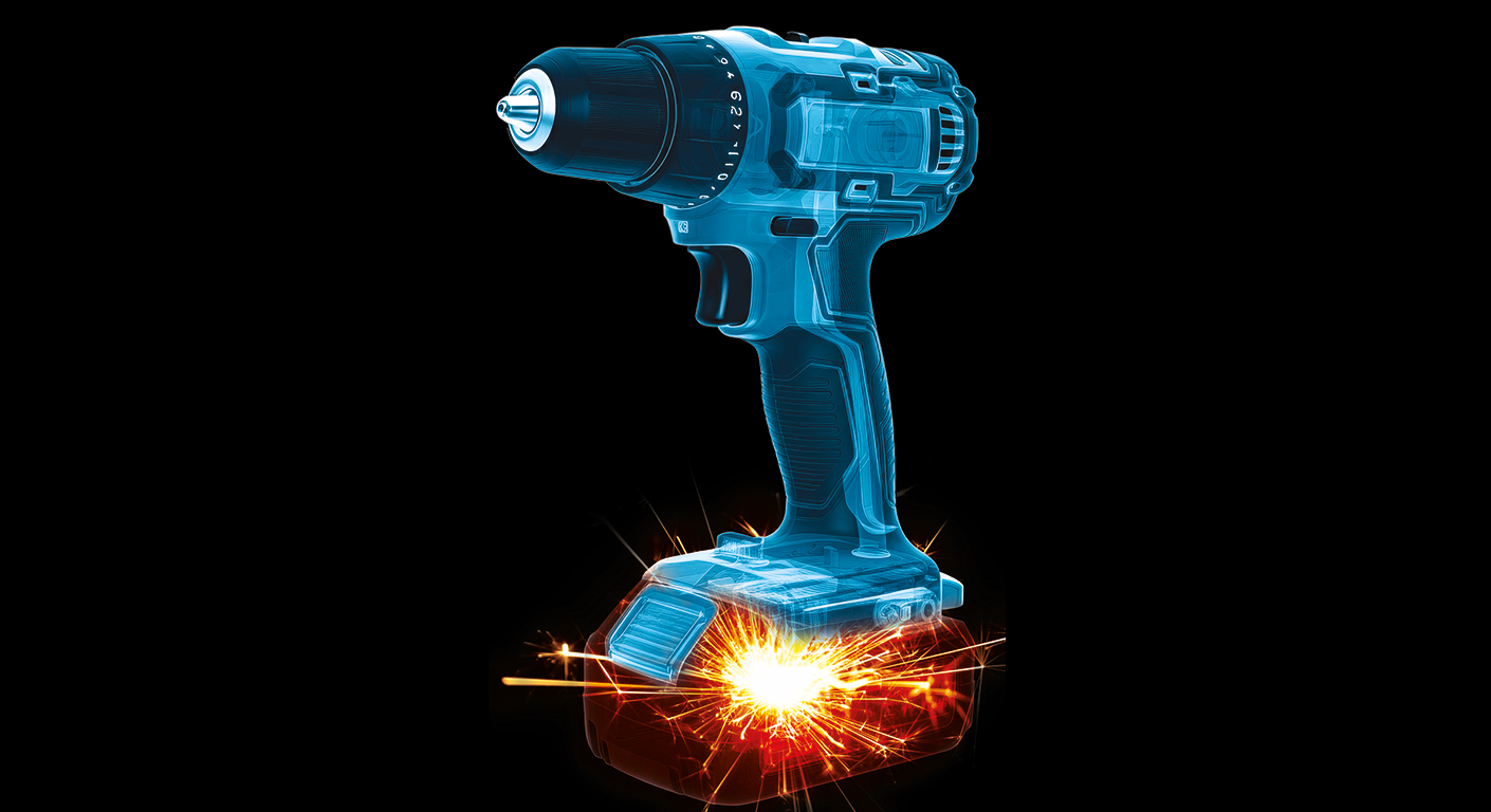 Xray image of a power tool showing the hidden battery. 