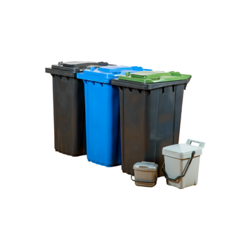 3 wheelie bins and 2 food waste caddies
