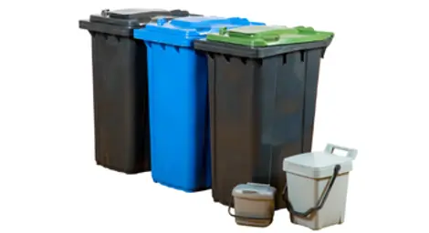 3 wheelie bins and 2 food waste caddies