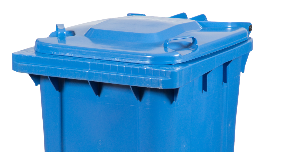 Top of blue-lidded recycling bin