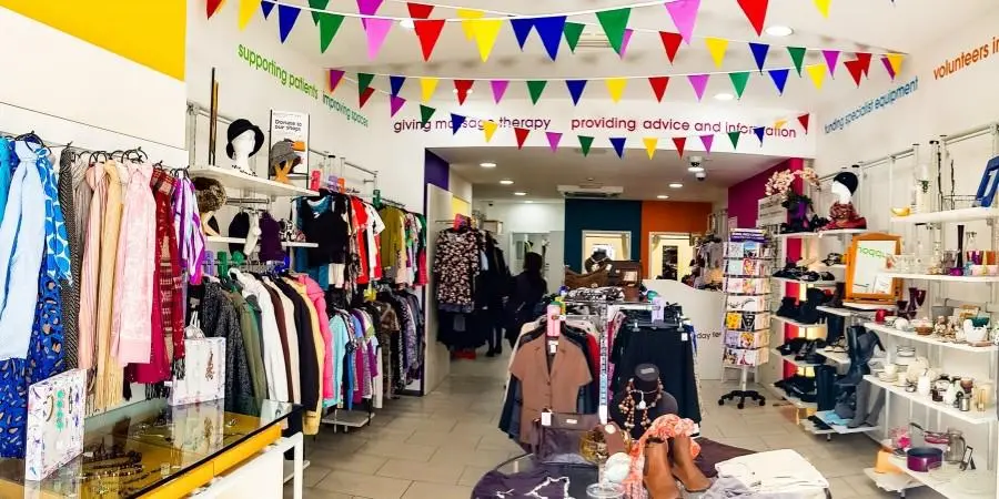 The inside of a charity shop filled with items