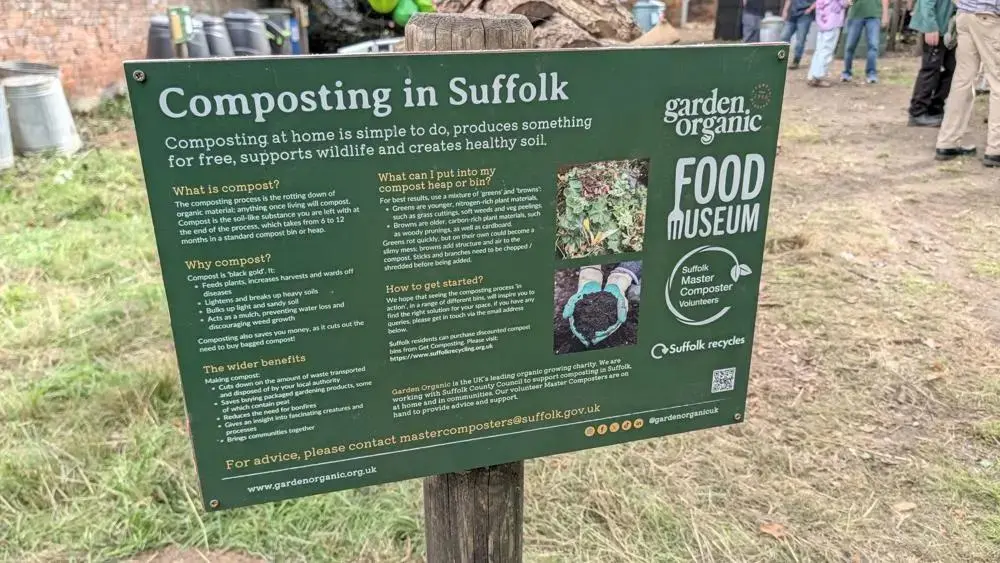 Board explaining composting in Suffolk.