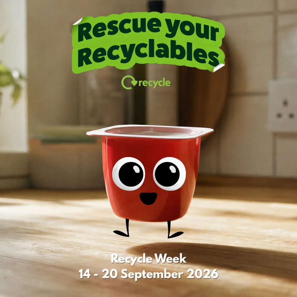 An excited yoghurt pot with eyes with the caption Rescue Your Recyclables.