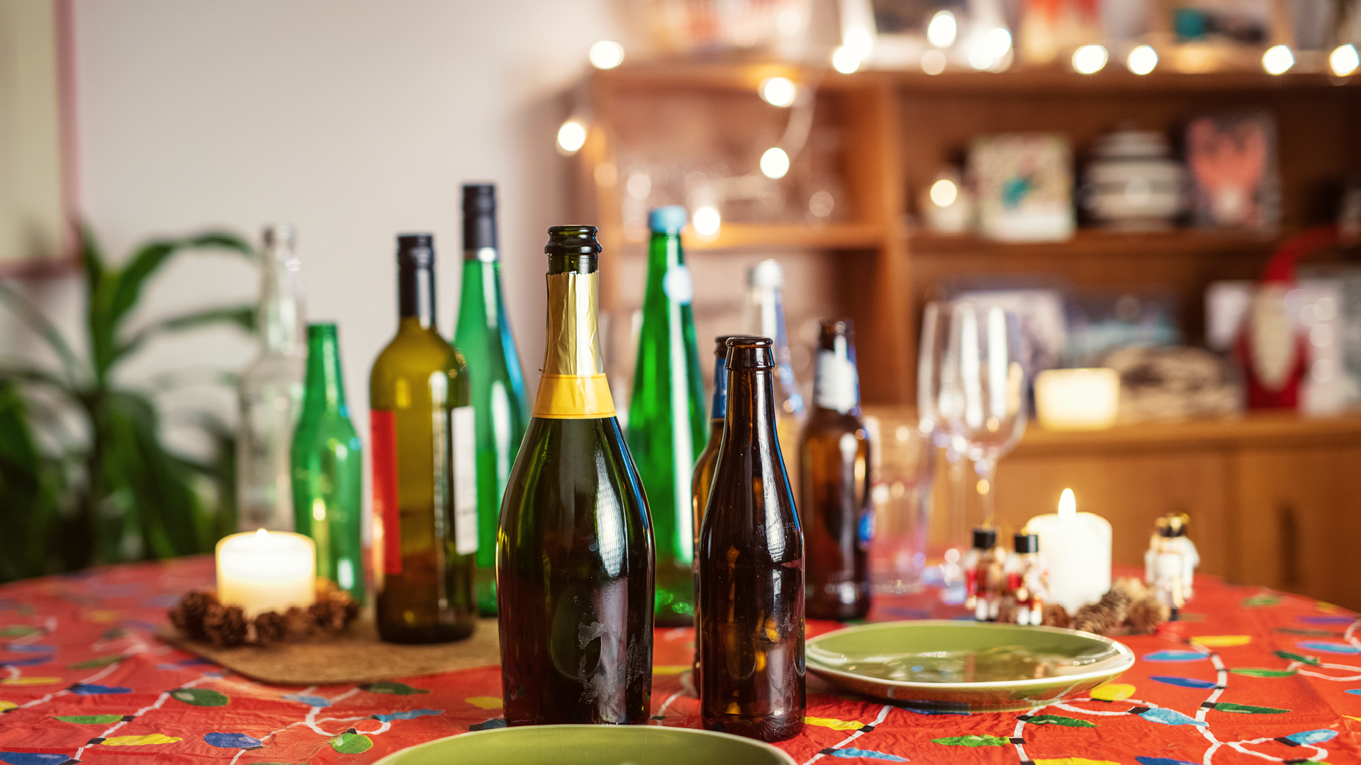 Empty glass bottles on a table. 