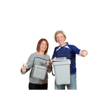 Two women holding food waste caddies
