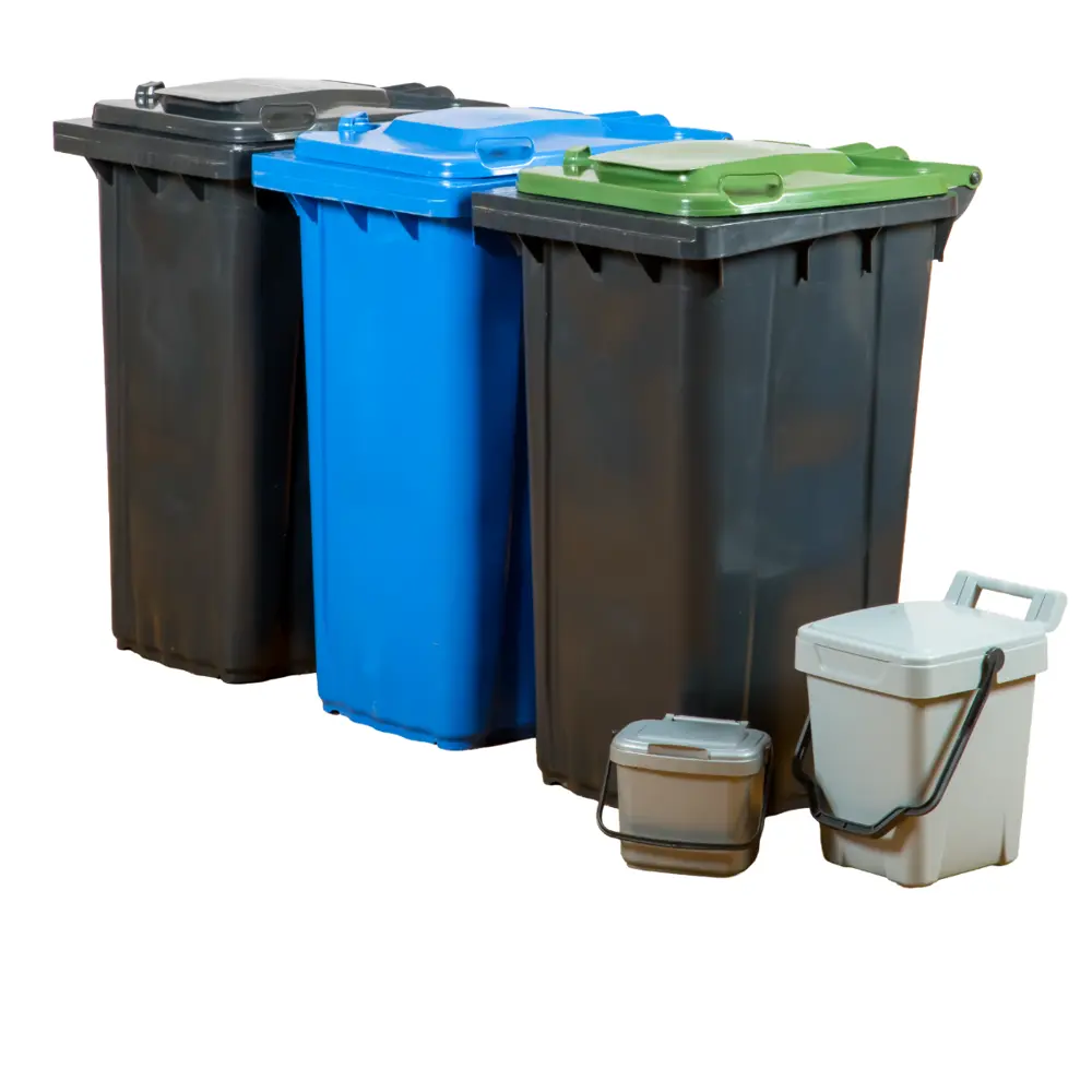 Rubbish bin, recycling bins and food waste caddy